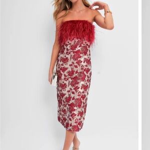 NWT Tuckernuck Red Jacquard Feathered Reina Midi Dress